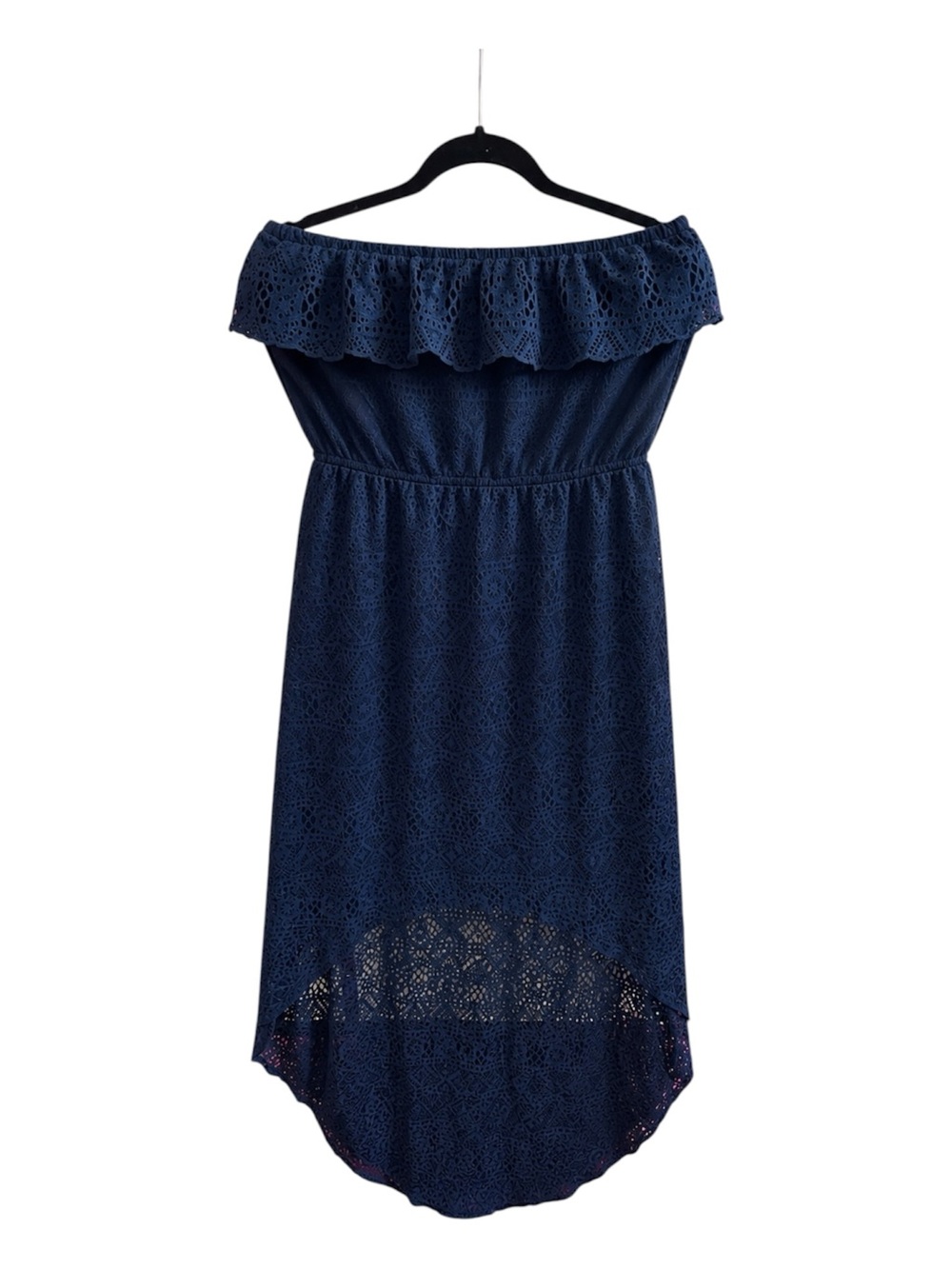 Off-Shoulder Navy Lace High-Low Dress